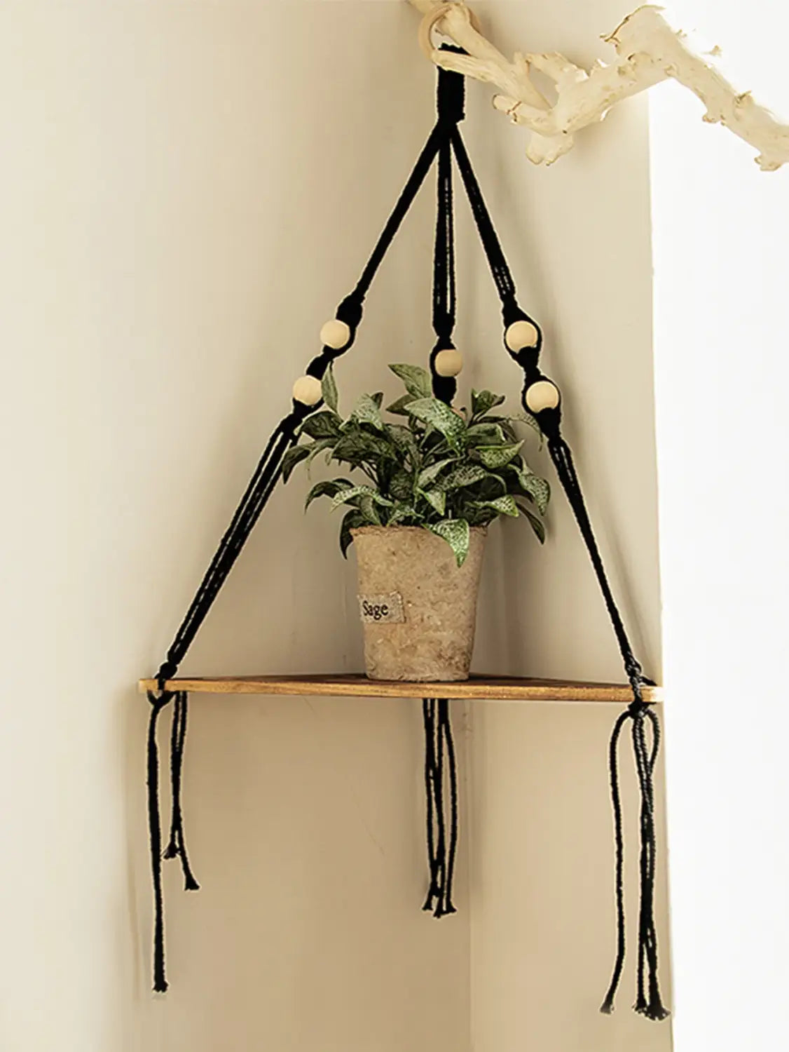 DecorBites™ Wooden Corner Shelf with Macrame - Boho Wall Decor