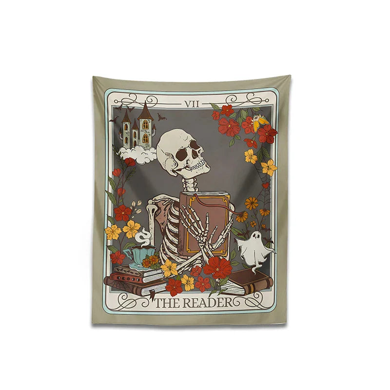 Decobites Reader Tarot Card Tapestry: Mystical Skeleton Wall Hanging for Home Decor