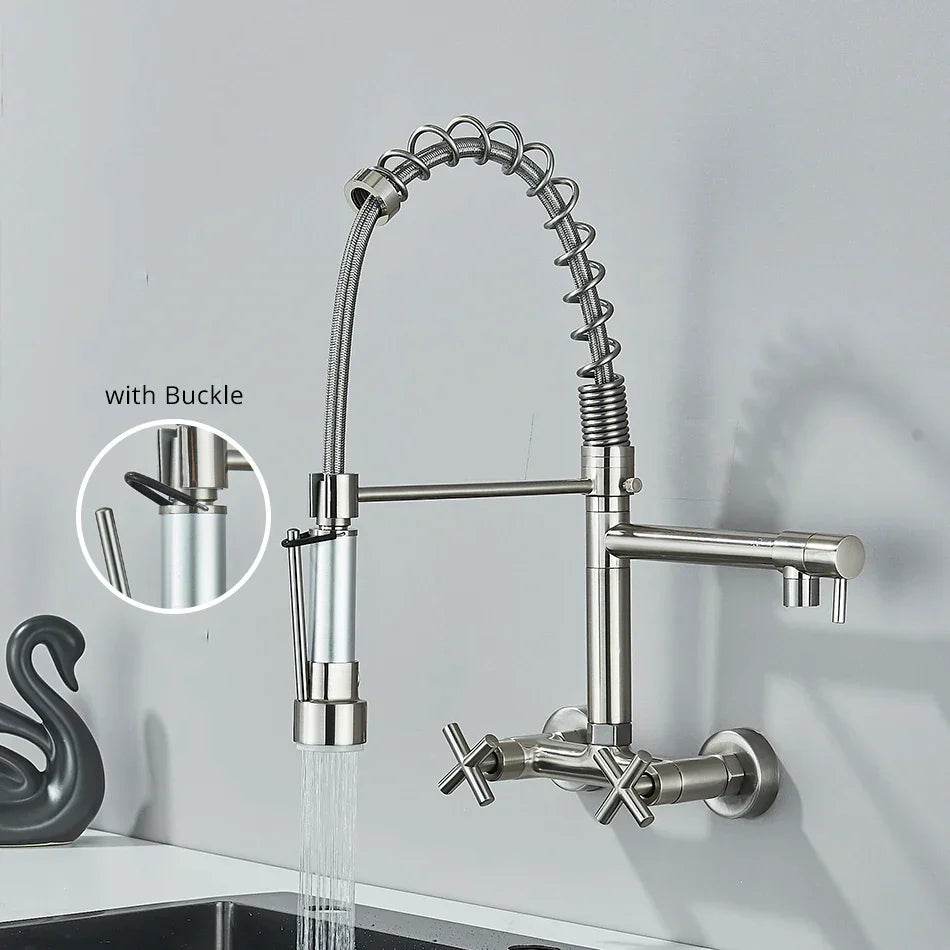 DecorBites™ Gold Black Kitchen Faucet Wall Mount Pull Down Tap Dual Swivel Spouts