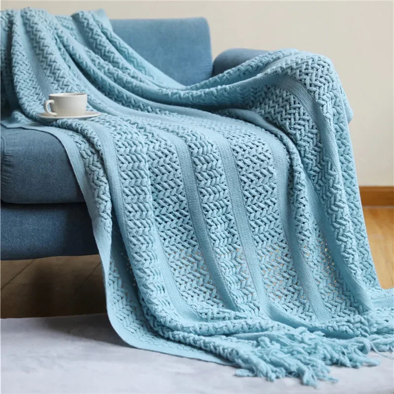 Decobites Nordic Knitted Sofa Blanket with Tassels - Solid Color Siesta Shawl Blanket