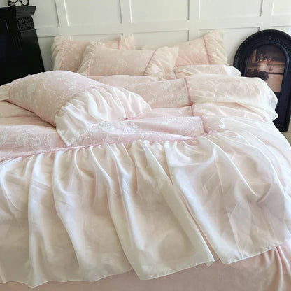 DecorBites™ Lace Ruffles Velvet Princess Bedding Set: Duvet, Sheet, Pillowcases