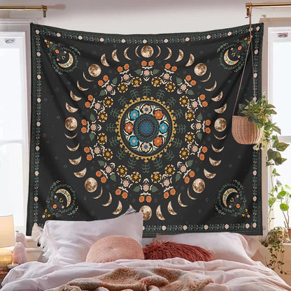 Botanical Celestial Floral Wall Tapestry by Decobites, Moon Phase Hippie Flower Dorm Decor