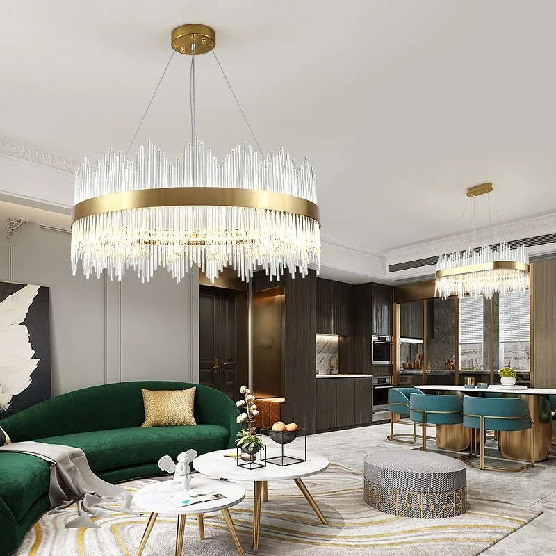 DecorBites™ Gold LED Circle Crystal Chandelier: Elegant Home Pendant Lighting for Living Room, Bedroom, Kitchen