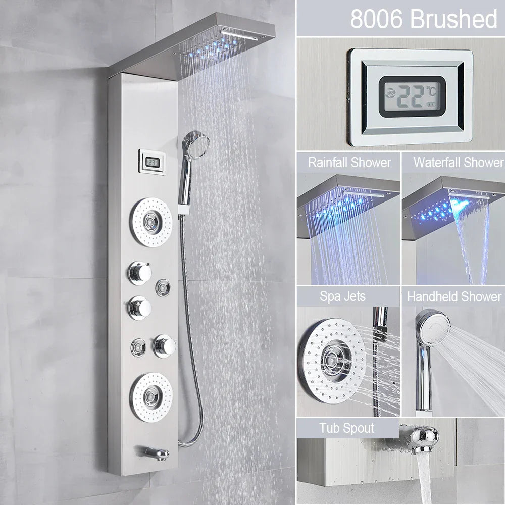 مجموعة دش مطري DecorBites™ أسود بإضاءة LED وشلال مع نفاثات تدليك