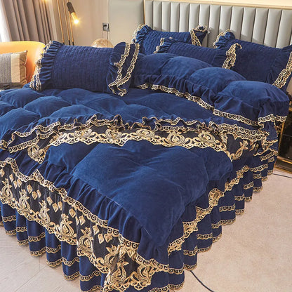 Decobites Velvet Bedding Set with Gold Lace Ruffles, Removable Bed Skirt & Pillowcase