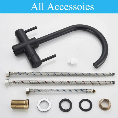 صنبور مطبخ DecorBites™ أسود اللون بمياه نقية، خلاط ساخن وبارد، بمقبضين، صنبور مياه شرب