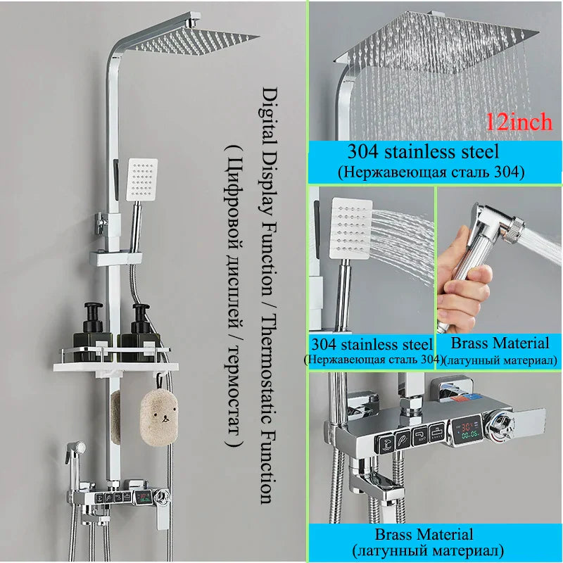 DecorBites™ Digital Display Thermostatic Shower Faucet Set with Rain Shower Column, Black