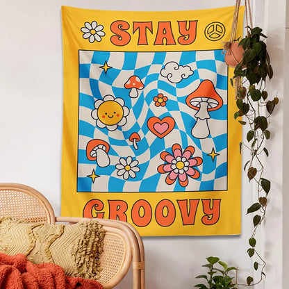 DecorBites™ Groovy Mushroom Tapestry: Retro Psychedelic Hippie Wall Decor