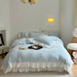 Decobites French Carved Velvet Lace Ruffles Bedding Set, Coral Velvet Duvet Cover, Luxury Bed Sheet