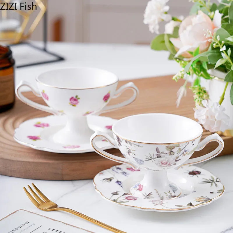 DecorBites™ Gold Flower Porcelain Goblet Cup Tea Coffee Mug Juice Cup