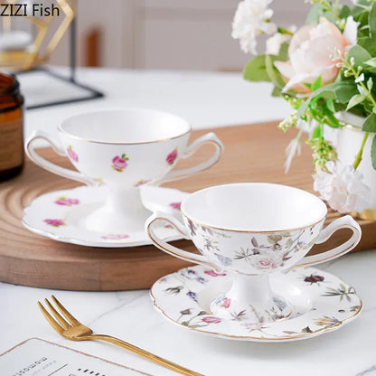 DecorBites™ Gold Flower Porcelain Goblet Cup Tea Coffee Mug Juice Cup