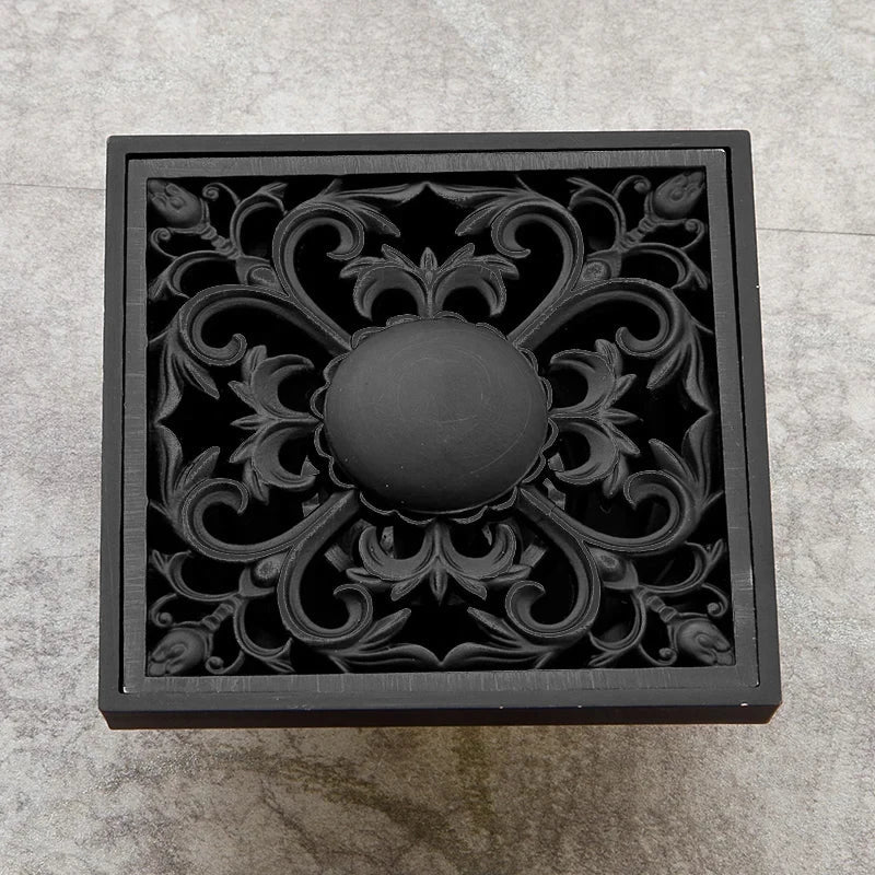 DecorBites™ Black Brass Shower Drain Strainer Floor Cover Square Art Carved Grate Basins SY-073R