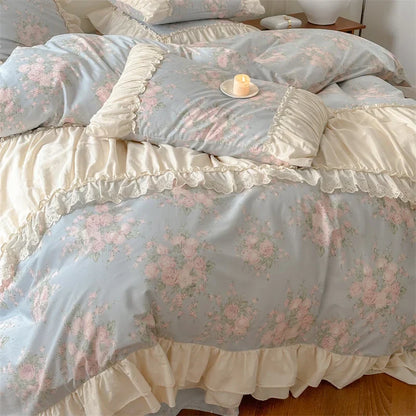 Decobites French Floral Bedding Set: Vintage Country Flowers with Ruffles, Duvet Cover, Flat Sheet & Pillowcases