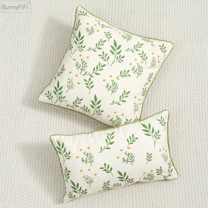 DecorBites™ Daisy Floral Green Leaves Embroidery Cushion Cover for Living Room Bedroom