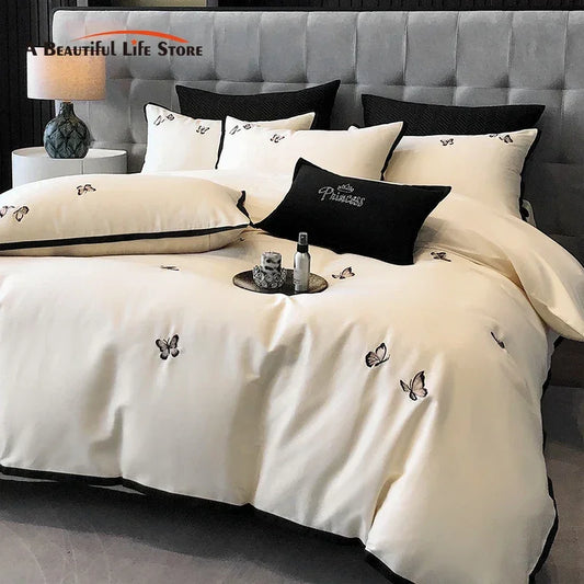 DecorBites™ 600TC Egyptian Cotton Butterfly Embroidery Bedding Set: Duvet, Sheet, Pillowcases