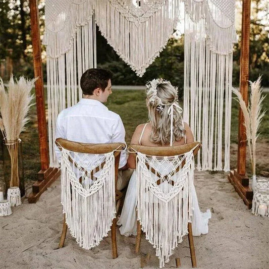 Decobites Macrame Wedding Chair Back Tapestry - Mr & Mrs Boho Woven Cotton Valance