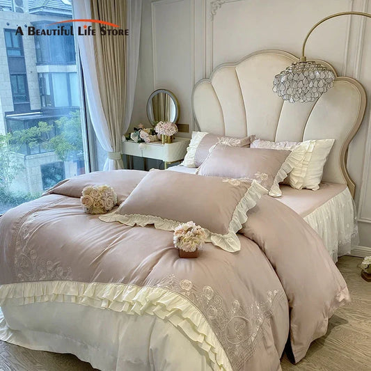 DecorBites™ 1000TC Egyptian Cotton Flowers Embroidery Bedding Set with Vintage French Ruffles.