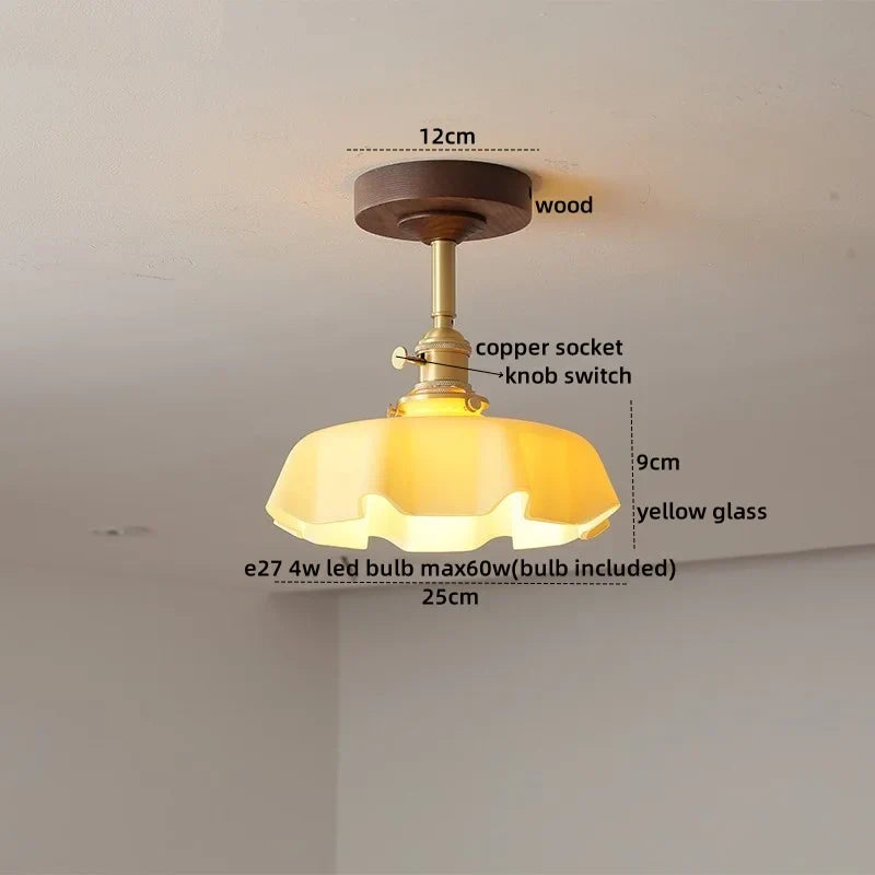 Green Glass Ceiling Lamp Copper Wood Accent
