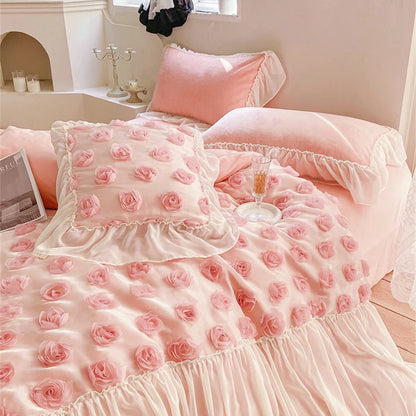 Decobites Velvet Rose Flowers Lace Patchwork Princess Bedding Set Queen 4Pcs 200x230cm