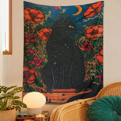 Black Cat Moon Tapestry Wall Hanging for Cute Aesthetics Home Decor by Decobites