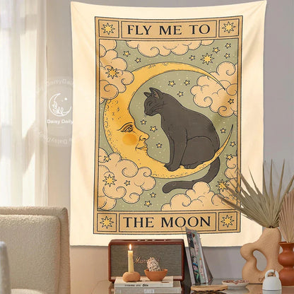 Decobites Moon Cat Tapestry Wall Hanging - Psychedelic Star Aesthetic Home Room Decor