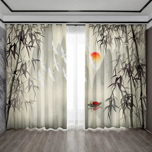 Decobites Bamboo Ink Painting Curtains for Home Decoration Elegant Finish