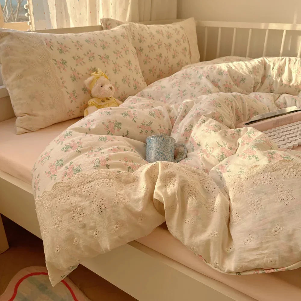 Juego de Ropa de Cama Decorbites™ de Encaje para Edredón 4 Piezas Algodón Lavado Francés para Cama Individual Doble