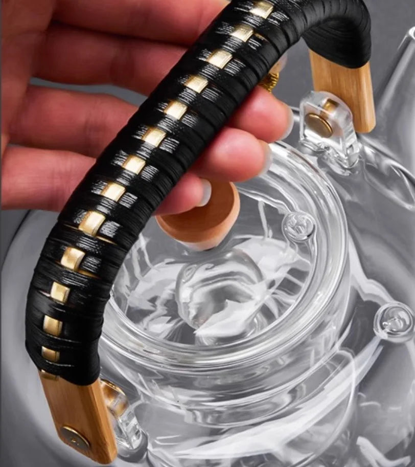 DecorBites™ Glass Tea Pot with Wooden Handle, 900ml Capacity & Absorbent Tea Towel