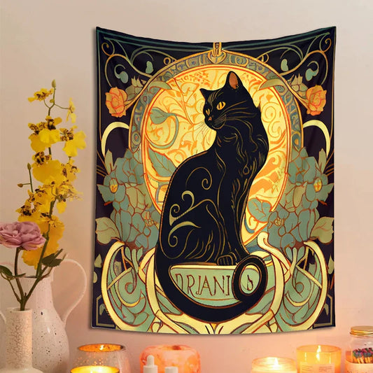 Decobites Black Cat Tapestry Wall Hanging Art Nouveau Floral Boho Decor