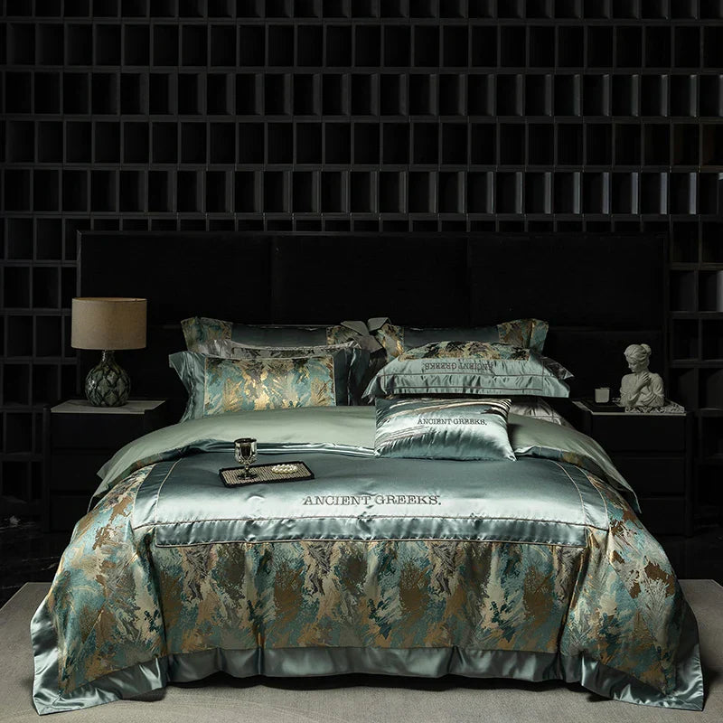 Decobites Luxe Brocade Jacquard Bedding Set with Egyptian Cotton & Embroidery