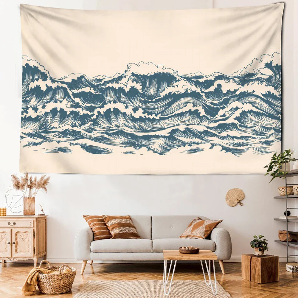 Decobites Minimalist Cartoon Wave Tapestry Wall Hanging for Bedroom Living Room