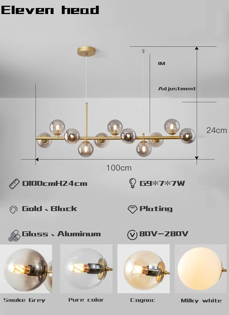 Lámpara colgante LED de bola de vidrio dorado Decorbites™ con 11 cabezales para cocina y comedor