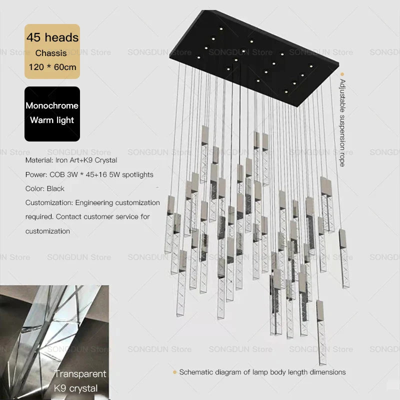 DecorBites™ Crystal Loft Chandelier for Duplex Living Room & Stairwell, Long Hanging Lighting