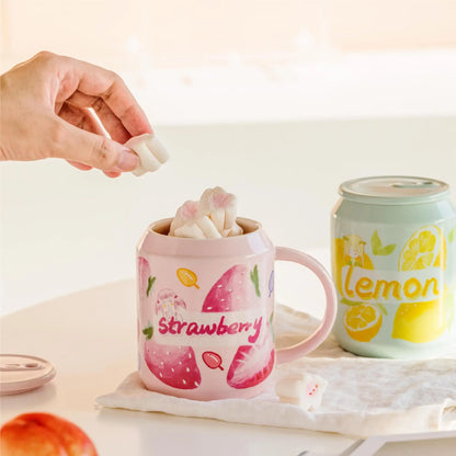 Taza de cerámica DecorBites™ con forma de fruta, tapa y pajita, diseño de estilo coreano.