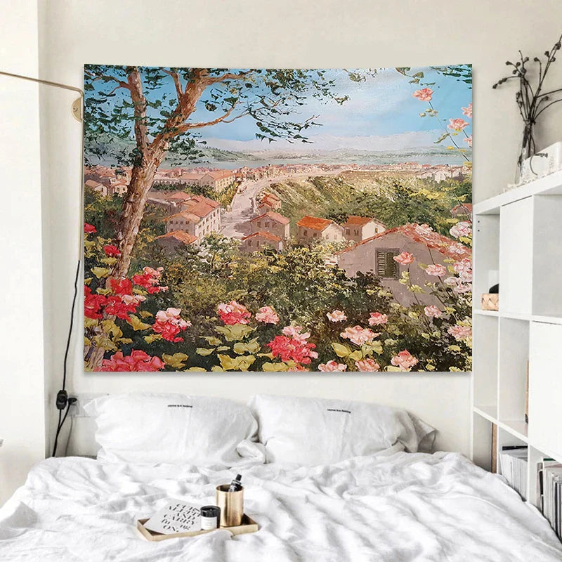 Decobites Rose Garden Tapestry Retro Oil Painting Wall Cloth for Bedroom Decor