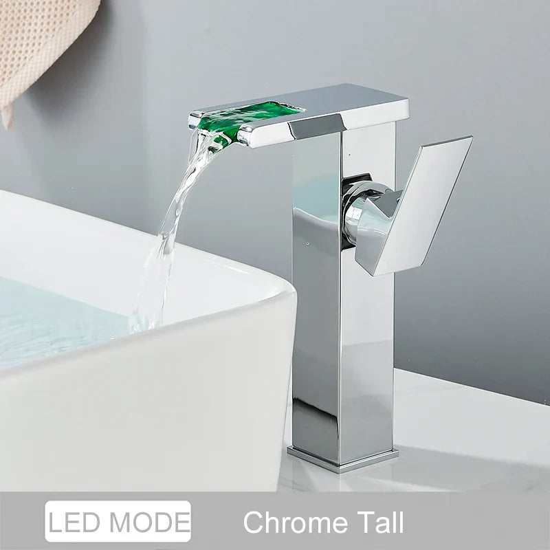 DecorBites™ Black LED Waterfall Bathroom Faucet, Deck Mounted, Three Color Change