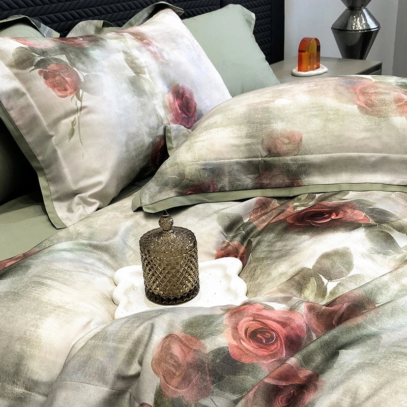 Decobites Vintage Rose Print Bedding Set: Duvet, Bed Sheet, Pillowcases