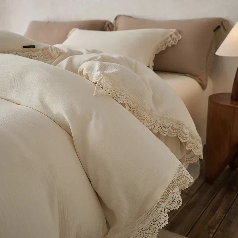 Juego de Ropa de Cama de Algodón con Borde de Encaje Decorbites™ para Piel Suave, con Edredón, Sábanas y Fundas de Almohada