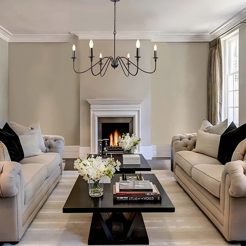 DecorBites™ Black 6-Light Chandelier, Wrought Iron Farmhouse Pendant Light, Classic Candle Fixture