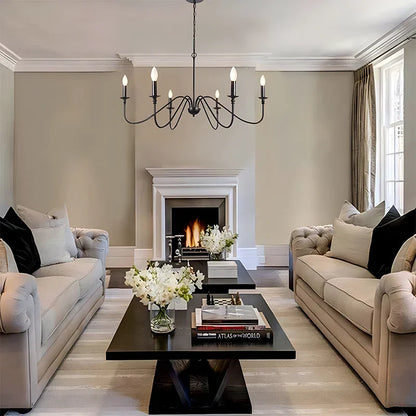 DecorBites™ Black 6-Light Chandelier, Wrought Iron Farmhouse Pendant Light, Classic Candle Fixture