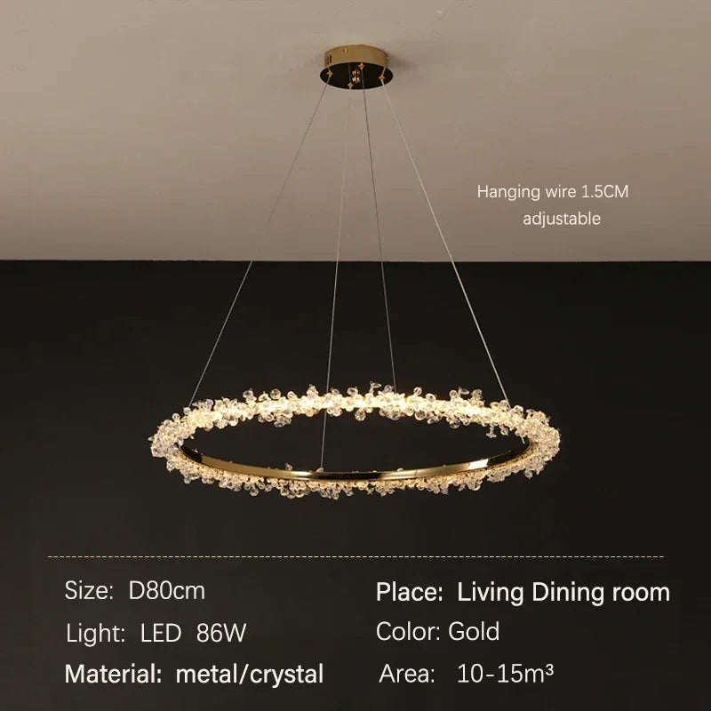 DecorBites™ Golden Round Crystal Chandelier | Nordic Luxury LED Halo Chandelier for Living Room
