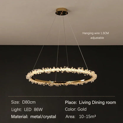 DecorBites™ Golden Round Crystal Chandelier | Nordic Luxury LED Halo Chandelier for Living Room