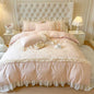 Decobites Princess Flowers Lace Ruffles Bedding Set: 100% Cotton Duvet Cover, Fitted Sheet, Bed Sheet, Pillowcases