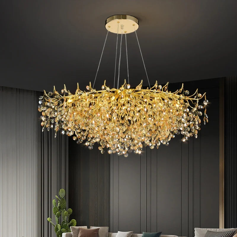 DecorBites™ Golden Dendrite Crystal LED Ceiling Chandelier - Luxe Living Room Lighting