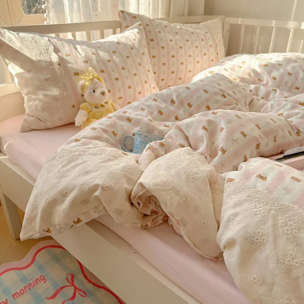 Juego de Ropa de Cama Decorbites™ de Encaje para Edredón 4 Piezas Algodón Lavado Francés para Cama Individual Doble