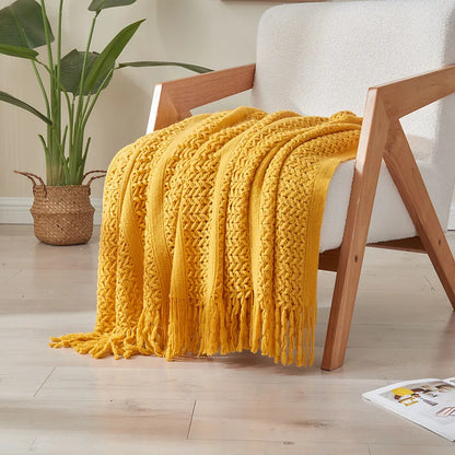 DecorBites™ Knitted Tassels Blanket: Cozy Solid Color for Sofa, Bed, or Homestay
