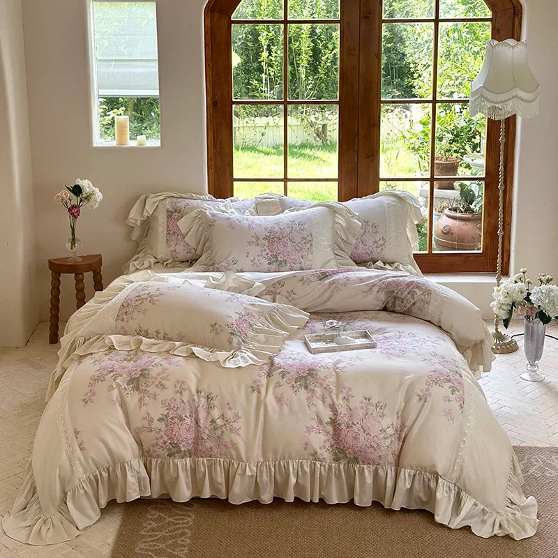 Decobites Vintage French Pastoral Lace Ruffles Bedding Set: Duvet Cover, Bed Sheet, 2 Pillowcases