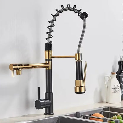 Grifo de cocina DecorBites™ de latón negro con doble caño, rotación de 360°, montaje sobre encimera