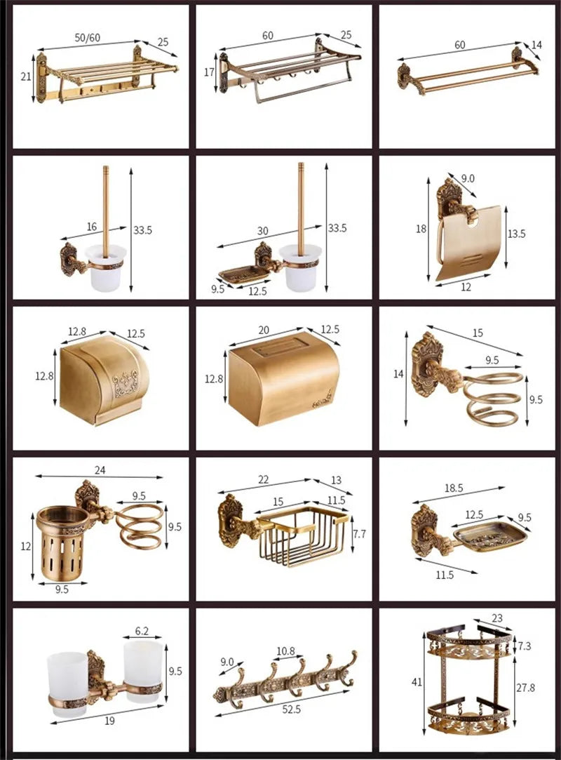 DecorBites™ Bronze Carved Bath Accessories Set: Shelf, Towel Rack, Paper Holder, Toilet Brush Holder