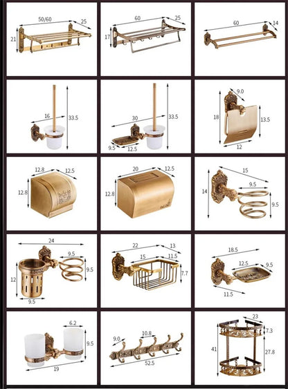 DecorBites™ Bronze Carved Bath Accessories Set: Shelf, Towel Rack, Paper Holder, Toilet Brush Holder